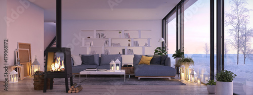 3d rendering. living room with cast iron fireplace in modern loft apartment. © 2mmedia