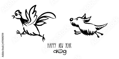 Postcard to the year of the dog / Funny vector illustration, cock runs away from the dog