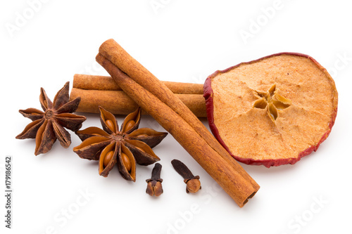 Cloves, anise and cinnamon isolated on white background.