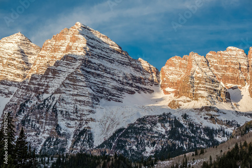 Maroon Bells mountains in snow in Colorado