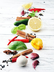 Spices and herbs on white background. Food and cuisine ingredients.