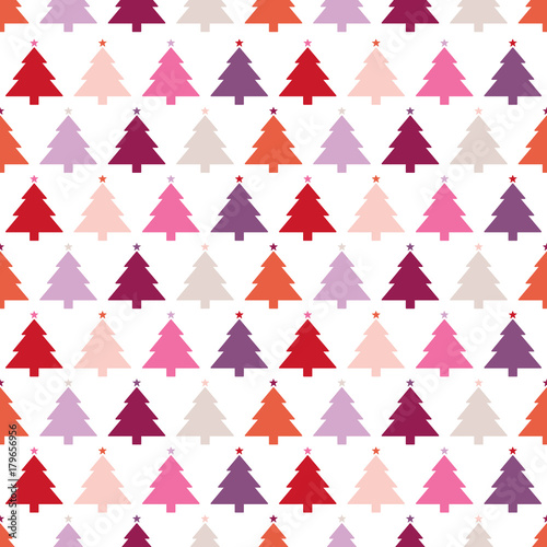 Seamless Pattern Christmas Trees Stars Pink/Red/Orange