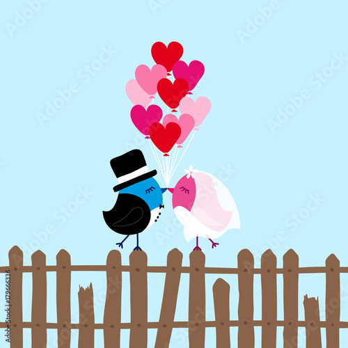 Wedding Birds On Fence Holding 9 Heart Balloons Blue 