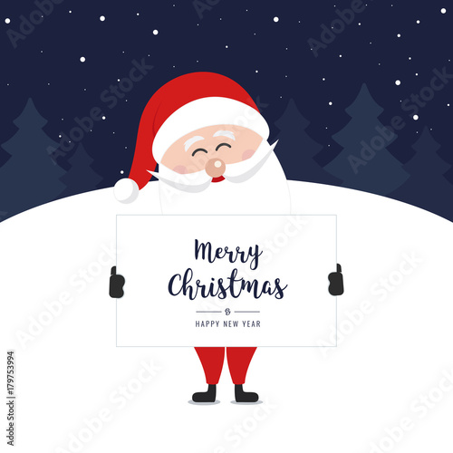 santa claus hold banner merry christmas greeting text winter night landscape background