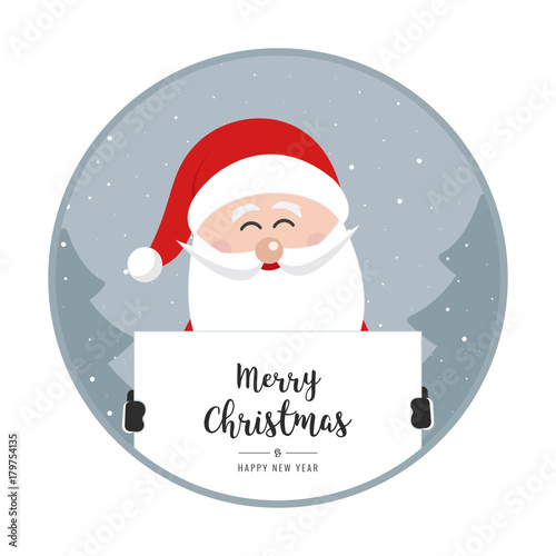 santa claus hold banner merry christmas greeting text winter landscape night background
