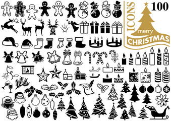 Set of Modern Flat Christmas Icons for Design Projects - Black and White Illustrations, Vector
