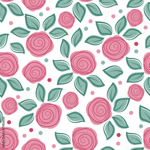 Fototapeta Romantic background with cute roses on white background. Cute vintage floral pattern. Vector illustration with painted flowers. Seamless pattern for textile.