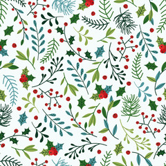 Seamless Christmas Pattern with Blue and Green Spruce Branches, Mistletoe and Berries. 
