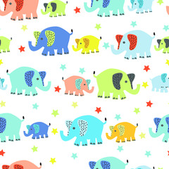 Seamless vector pattern with cute cartoon baby elephant rows