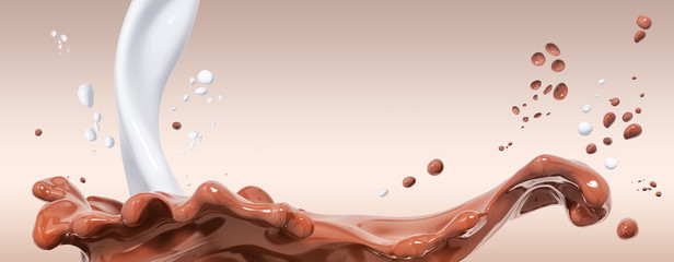 Chocolate splash and milk, food and drink illustration,abstract swirl background, 3d rendering