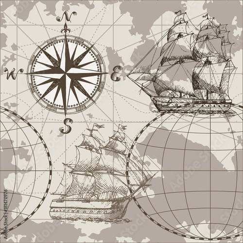 Fototapeta Hand drawn vector seamless sea map with compass and sailing ship. Perfect for textiles, wallpaper and prints.