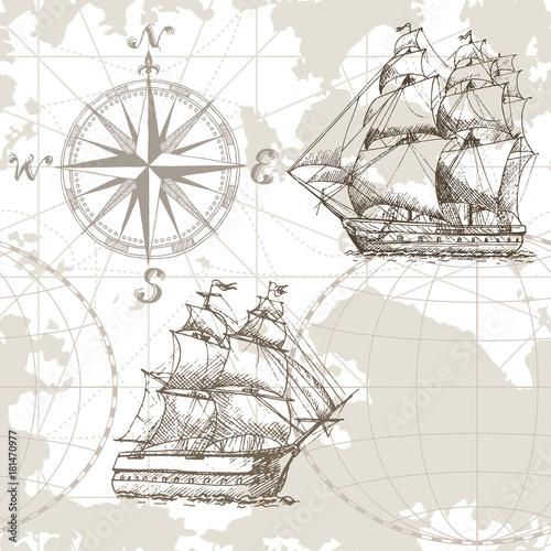 Fototapeta Hand drawn vector seamless sea map with compass and sailing ship. Perfect for textiles, wallpaper and prints.