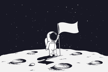 astronaut with flag stands on moon.Hand drawn vector illustration