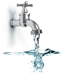 Wasserhahn mit fließend Wasser und Wellen isoliert weißer Hintergrund