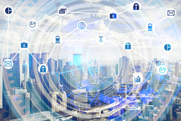 Double exposure of cityscape and business technology graphic design background. Mixed media
