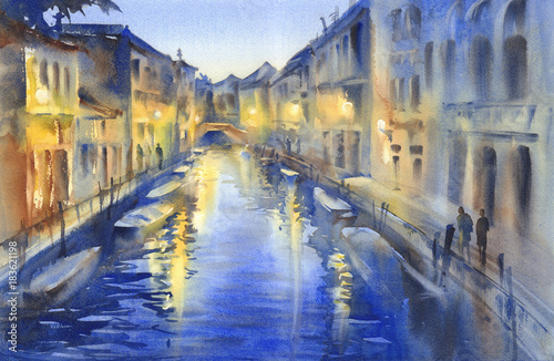 Venetian night lights watercolor © Egle