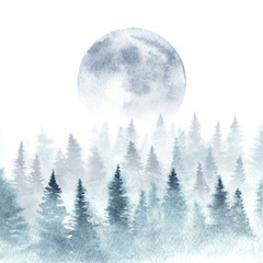 Landscape of a winter forest and rising moon. Trees are dissapearing in a fog. Watercolor illustration.