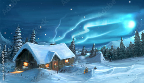 Digital Painting of Snowy Winter Christmas Night Cottage © Zdenek Sasek