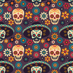 Day of the Dead. Seamless vector pattern with sugar skulls and flowers on dark background.