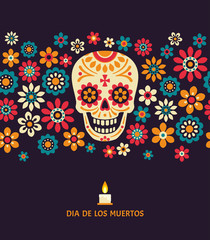 Dia de los muertos. Day of The Dead vector poster with smiling sugar festive skull, surrounded by colorful flowers, isolated on dark background.
