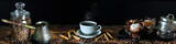 Panorama still life with coffee and dining accessories