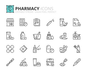 Outline icons about pharmacy
