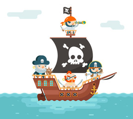 Pirate Ship crew Buccaneer Filibuster Corsair Sea Dog Sailors Captain Fantasy RPG Treasure Game Character Flat Design Vector Illustration