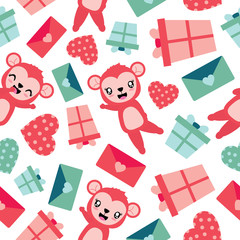 Seamless pattern of cute monkey and Valentine elements vector cartoon illustration for Valentine wrapping paper, kid fabric clothes, and wallpaper