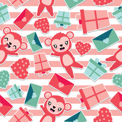 Seamless pattern of cute monkey and Valentine elements on striped background vector cartoon illustration for Valentine wrapping paper, kid fabric clothes, and wallpaper