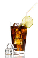 Glass of cola with ice cubes, lime  and straw on white background