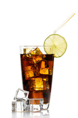 Glass of cola with ice cubes, lime  and straw on white background