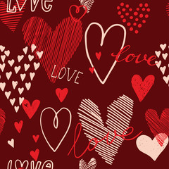 LOVE. Romantic concept seamless pattern with hearts and lettering. Perfect for Valentine's and wedding decoration