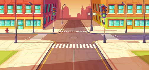 City crossroads, intersection vector cartoon illustration. Urban highway, crosswalk with traffic lights. Town buildings view.