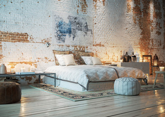 bett in Loft Wohnung mit Ziegelwand - bedroom in vintage brick loft apartment