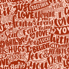 Love pattern. Seamless pattern with phrases and words about love. Can be used for wedding or Valentine's day decoration