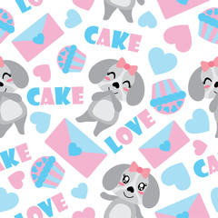 Seamless pattern of cute puppy and Valentine elements vector cartoon illustration for Valentine wrapping paper, kid fabric clothes, and wallpaper