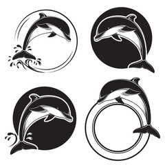Set of vintage dolphin icons, emblems and labels with waves and water drops