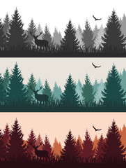Vector vintage forest landscape with silhouettes of trees and wild animals - three color variants