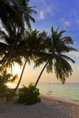 Sonnenuntergang am Maledivenstrand mit Hängeschaukel