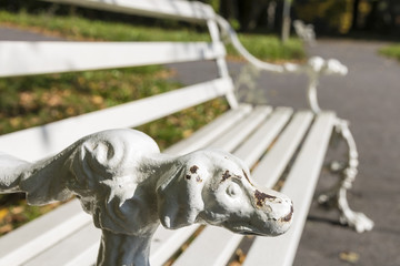 Autumn park in Warsaw - Wilanow. Fancy bench.