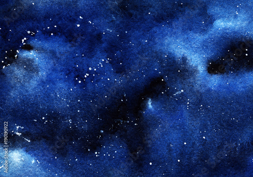 A clastic starry night sky. Clouds, a deep space of black and blue flowers with a spray of white stars. Drawing with watercolor. © Olga