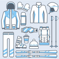 Ski icons set. Mountain skiing gear and accessories collection. Winter sport and activity skiing equipment vector elements set. Snow boots, poles, jacket isolated on white