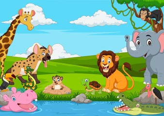Cartoon African landscape with wild animals