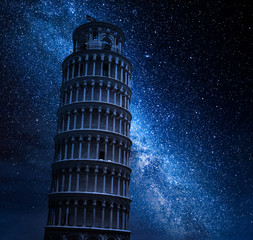 Milky way and leaning Tower of Pisa at night