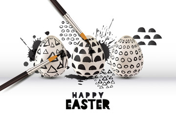 Happy Easter greeting card or poster. Painting eggs with brush, black white simple pattern. Vector holiday illustration of 3d Easter eggs on watercolor splashes background. Art and craft concept.