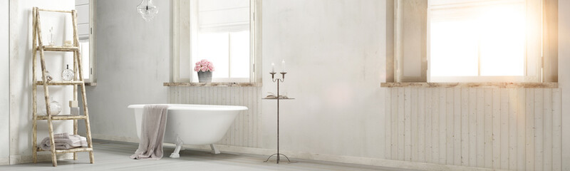 Shabby chic bathroom with sun flare 3d rendering