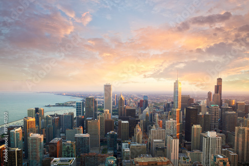 Plakat Chicagowska linia horyzontu przy zmierzchu czasu widok z lotu ptaka, Stany Zjednoczone