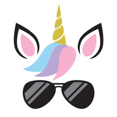 Vector illustration of cute unicorn face wearing sunglasses.