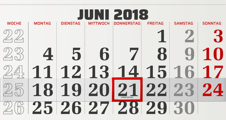 Monatskalender Juni 2018 Vektor Grafik mit verschiebbarem Rahmen, der auf Sommeranfang steht
