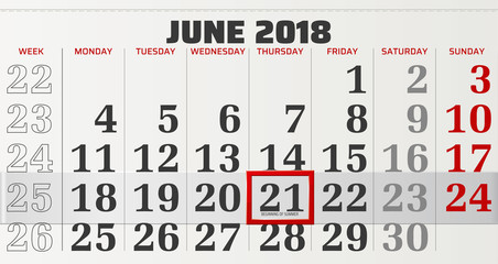vector calendar of june 2018 with slidable red frame and beginning of summertime in focus